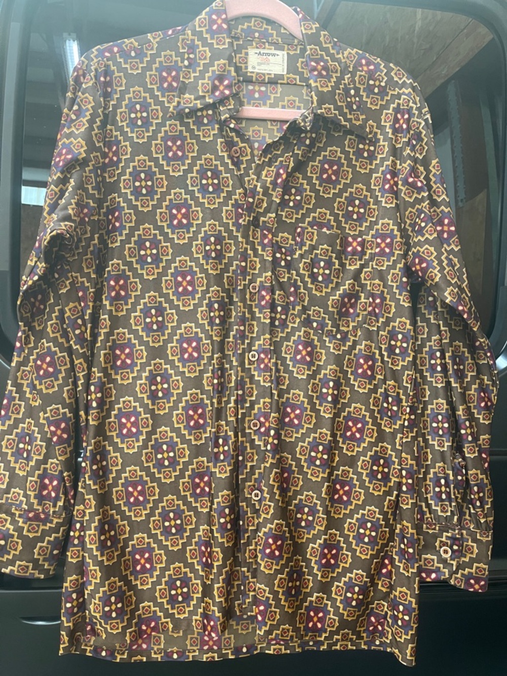 Arrow Brown Shirt with Maroon and Mustard Geometric Print